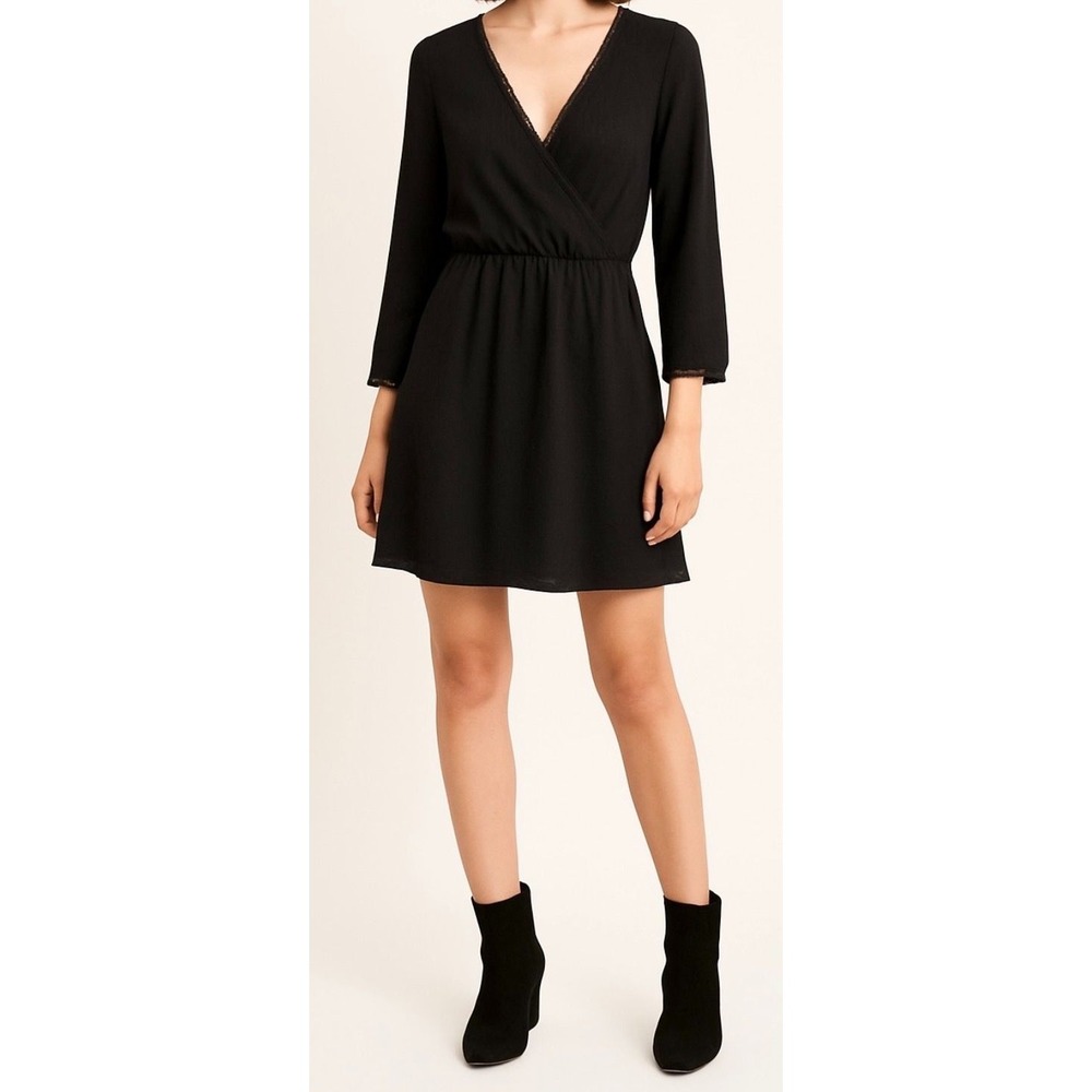 Sézane Black Wrap A-Line Mini Dress Lace Trim Long Sleeve Size 34 XS